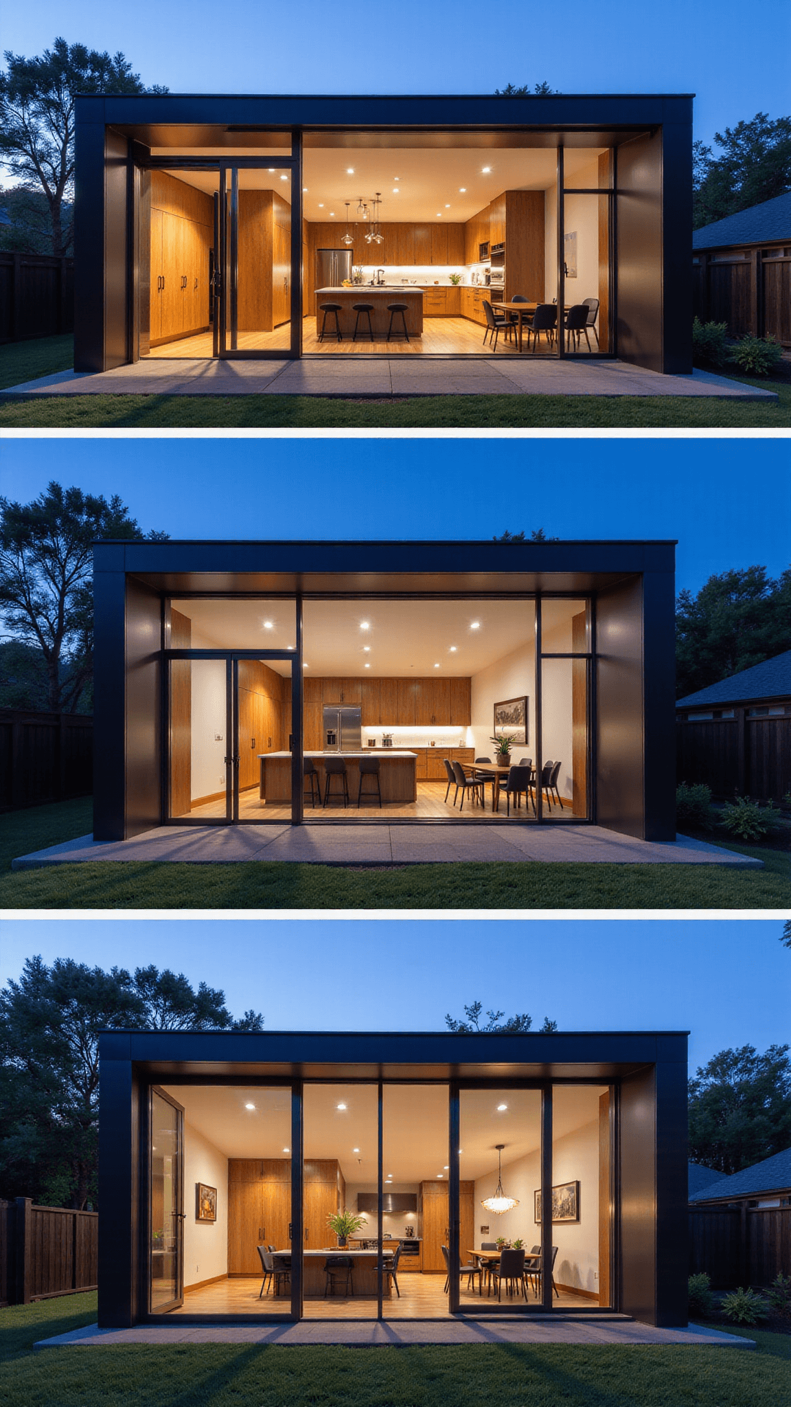 Multifunctional kitchen-living space featuring warm wood tones, cool grays, hidden pantry doors, convertible workspace, social seating zones, smart glass partitions, and ambient indirect LED lighting in an evening setting
