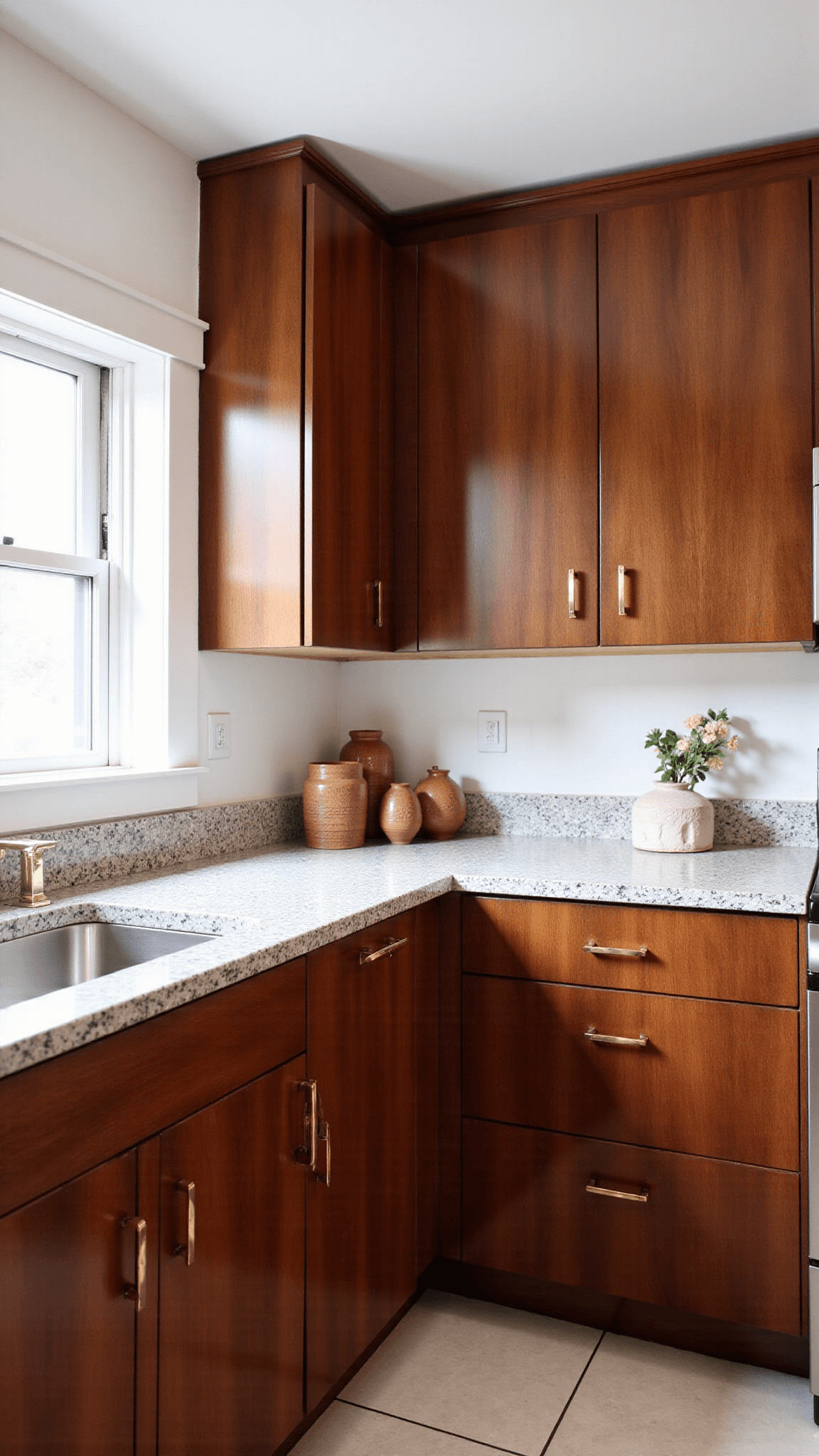 Elevated view of warm walnut L-shaped kitchen with curved retro cabinets, LED lighting, brass pulls, terrazzo countertops, styled with vintage bar cart, geometric pottery and macramé wall hanging.
