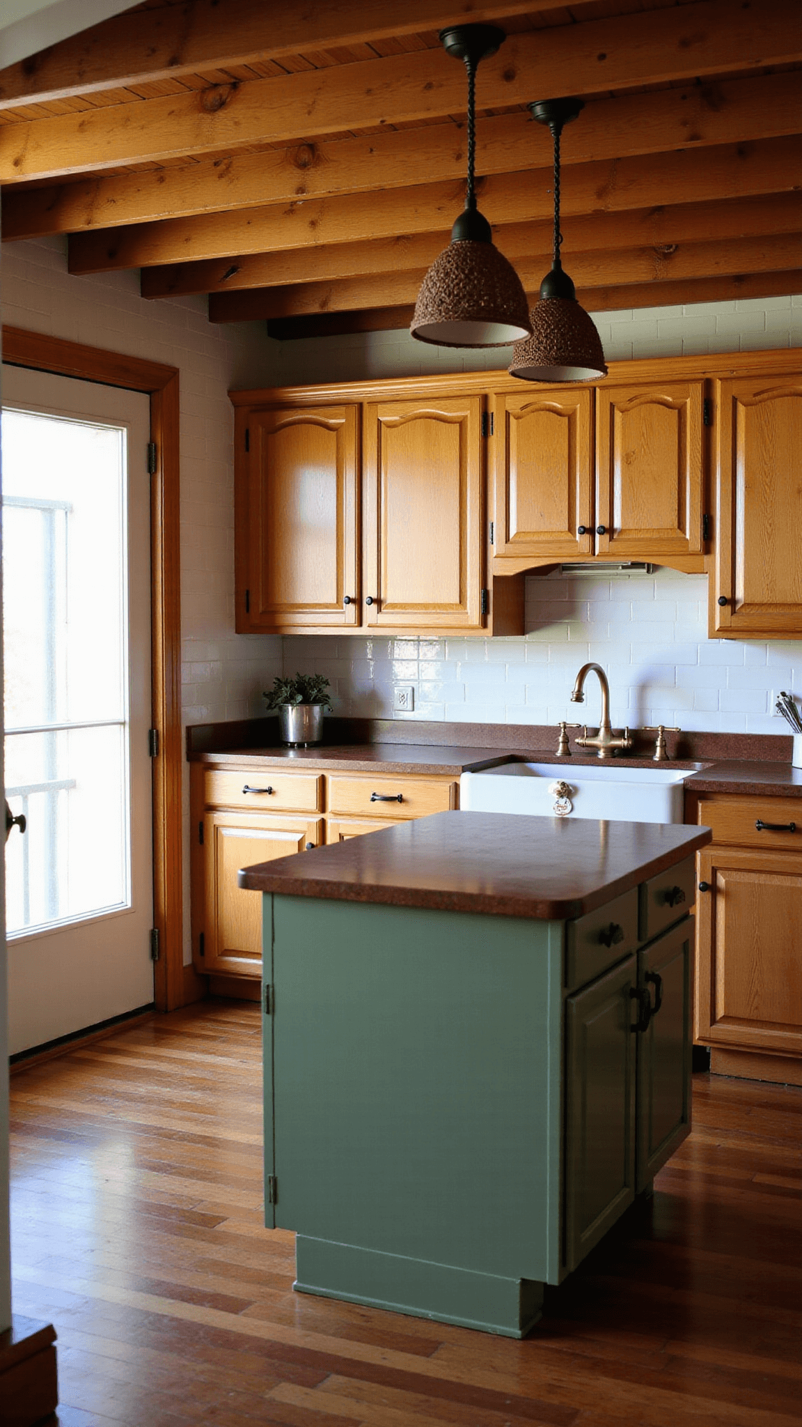 Traditional farmhouse kitchen featuring exposed ceiling beams, raised-panel hickory cabinets, sage green island, vintage porcelain sink, brass fixtures, and woven pendant lights.
