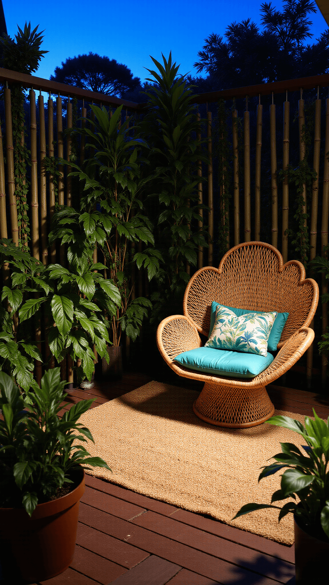 Twilight in tropical courtyard with dense foliage, teak decking with natural fiber rug, oversized rattan peacock chair with tropical cushions, LED-lit bamboo fencing, giving an intimate, exotic atmosphere.