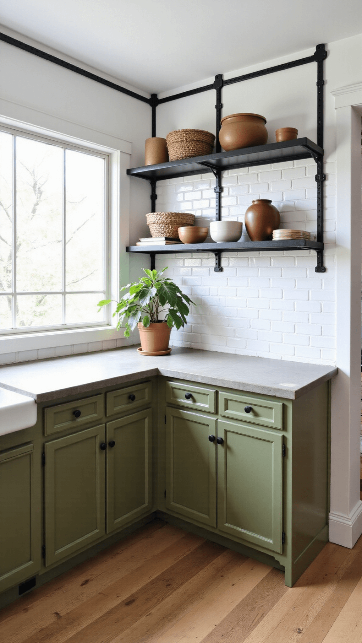 Bright sunlit kitchen with high olive green shaker cabinets, white subway tile backsplash, black metal shelving with earthenware, concrete counters, and a potted fiddle leaf fig.
