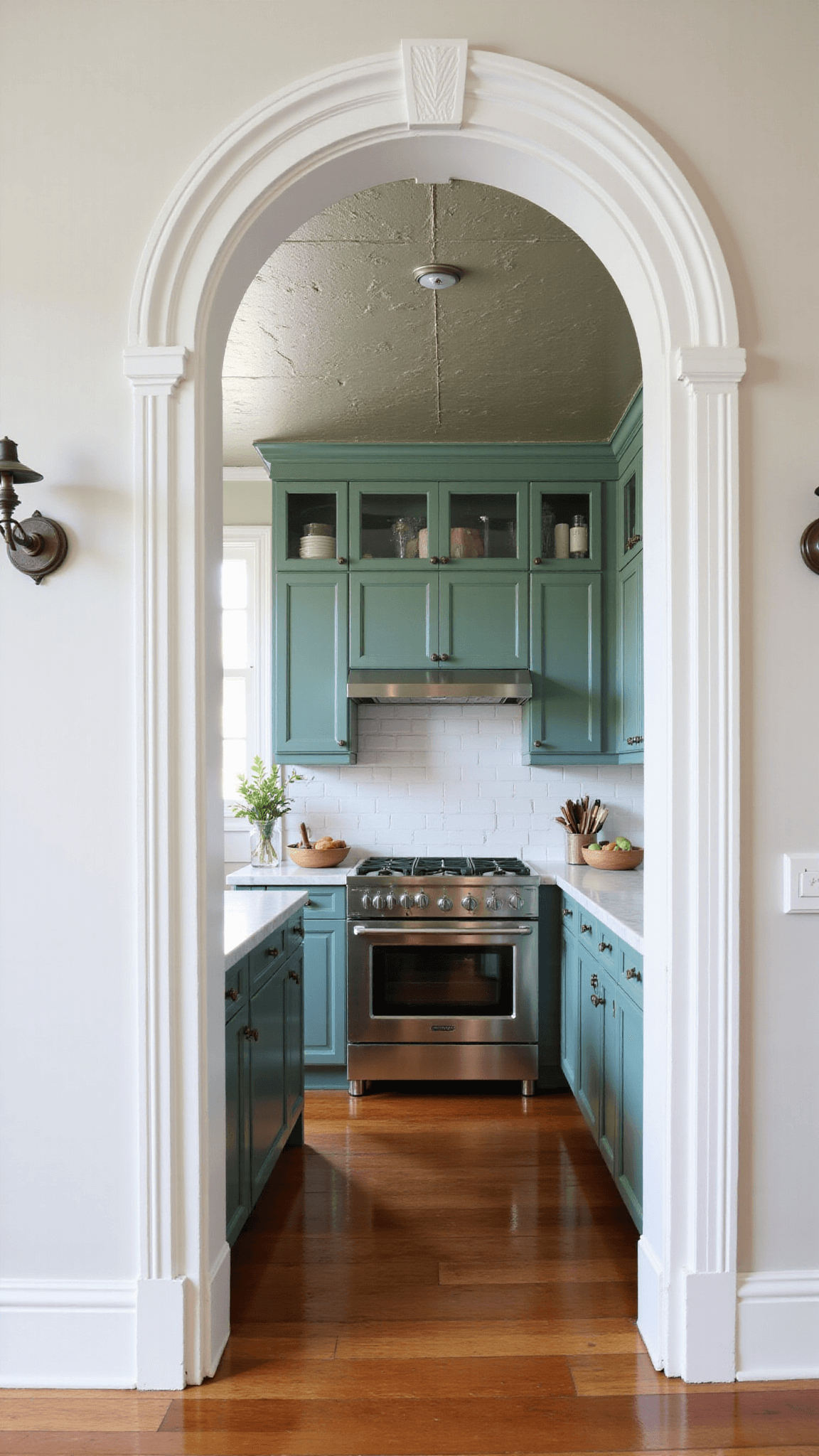Renovated historic townhouse kitchen with sage green cabinets, original tin ceiling, hardwood floors, modern appliances, marble counters, subway tile, and vintage sconces.