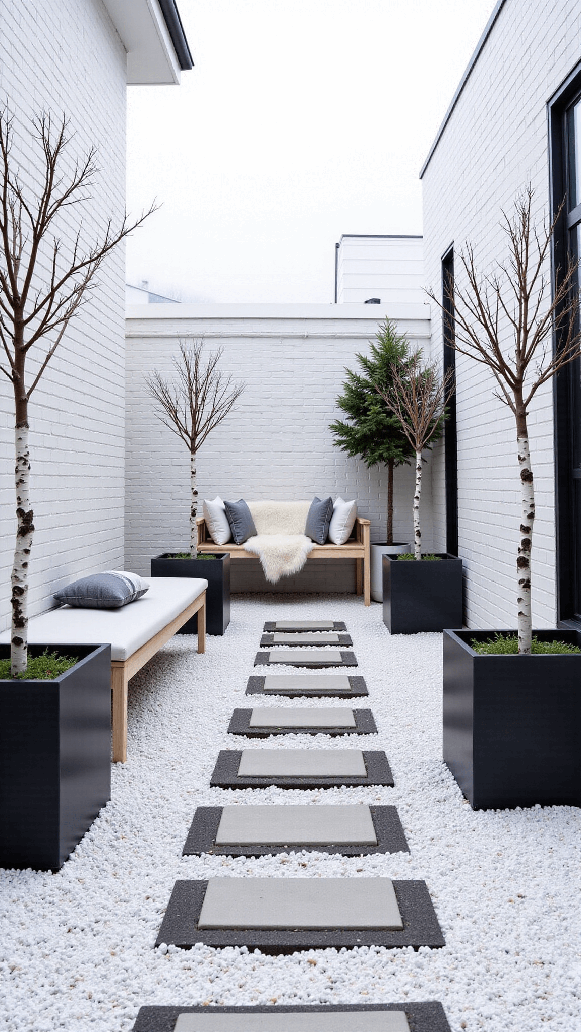 Scandinavian winter garden at morning light featuring whitewashed brick walls with black accents, wooden bench with wool throws, white birch trees in black planters, and geometric stepping stones on a gravel ground