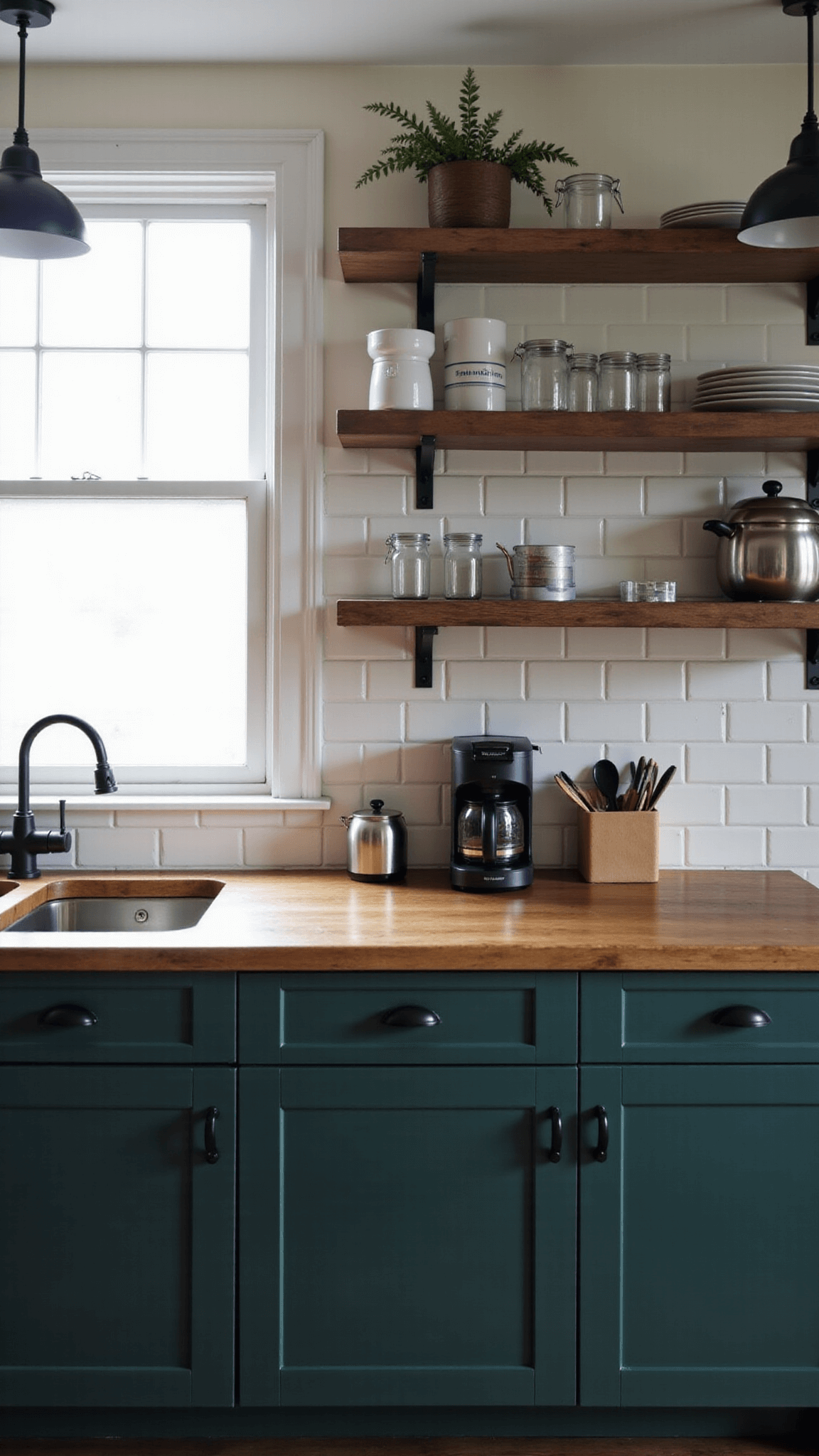 Traditional kitchen with forest green Shaker cabinets, cream subway tile backsplash, and butcher block countertops, featuring steam rising from a coffee maker lit by natural light filtering through café curtains and industrial-style pendant lights.