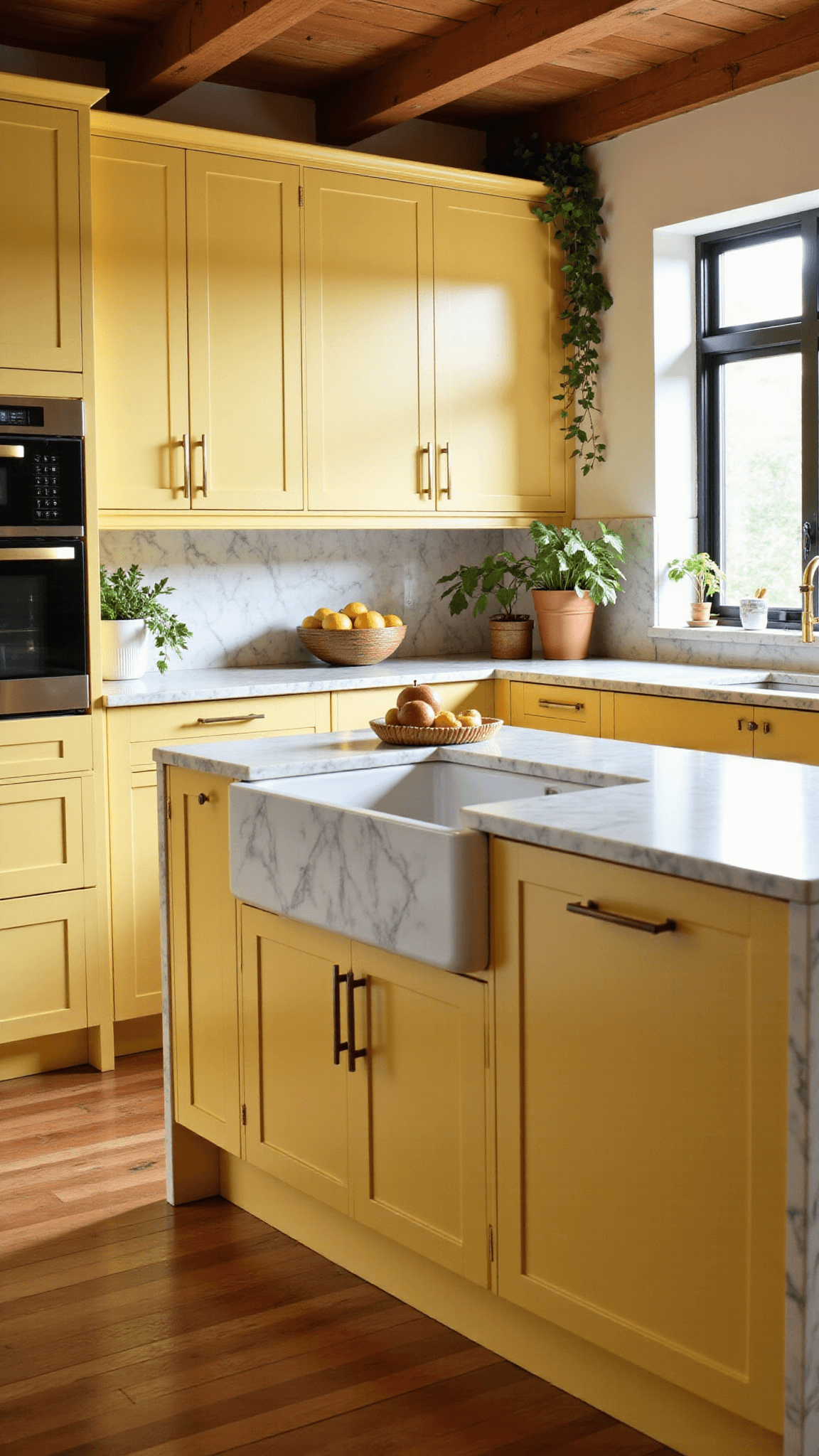 Sunny modern kitchen with butter yellow shaker cabinets, marble countertops, oak flooring, and a center island with waterfall edge, styled with ceramics, citrus, and ivy