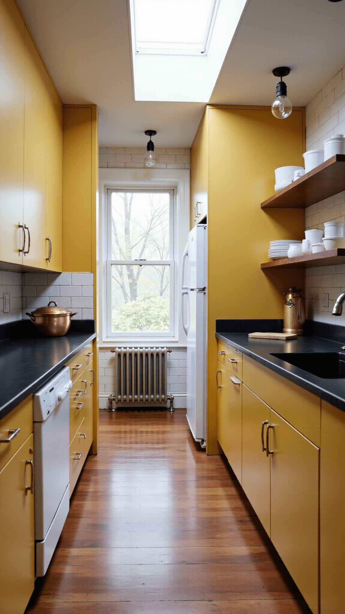 Cozy vintage-modern galley kitchen with mustard yellow cabinets, matte black countertops, open shelving with white pottery and copper cookware, and textured subway tile backsplash under warm artificial and diffused skylight.