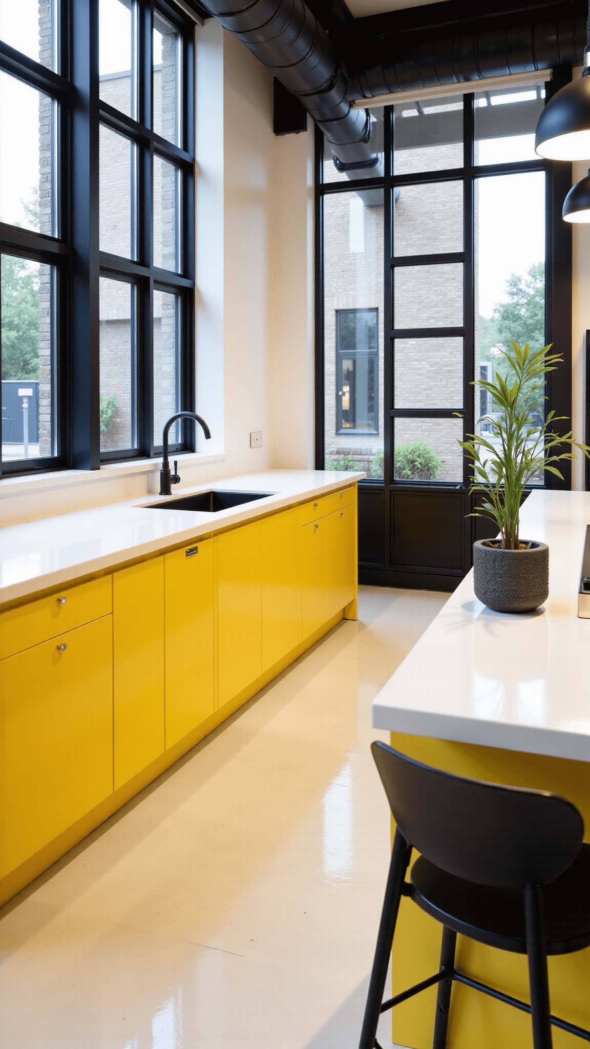 Contemporary kitchen featuring yellow glossy cabinets, double-height industrial windows, white quartz surfaces, stainless steel appliances, black accessories, green plants and geometric pendant lights
