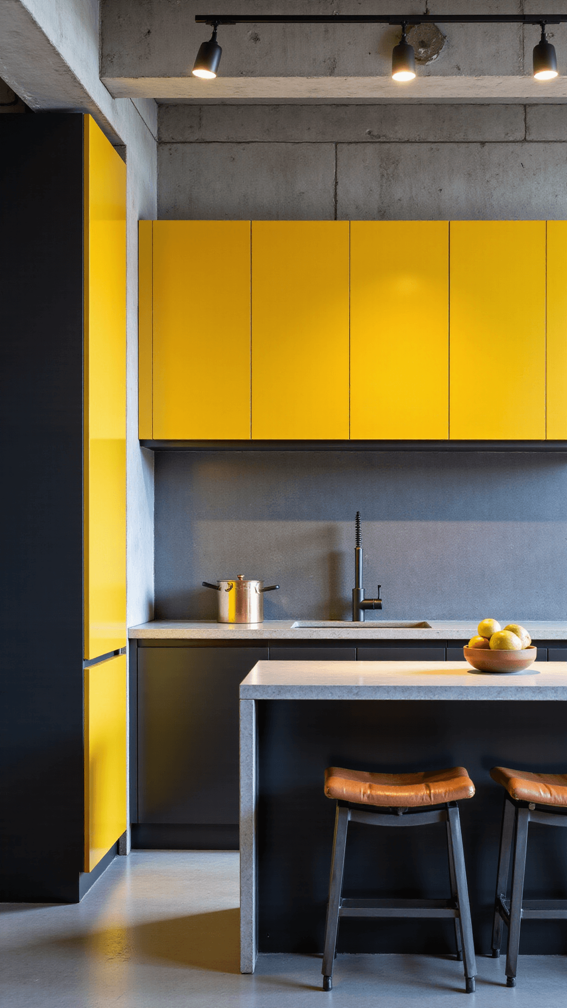 Stylish urban loft kitchen with yellow and charcoal cabinets, gray quartz counters and track lighting on concrete ceiling