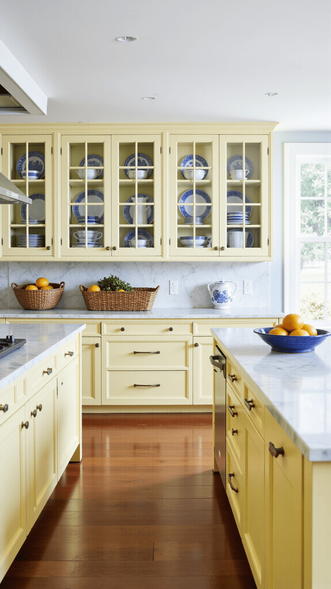 Bright coastal kitchen with yellow cabinets, white trim, glass-front cabinets filled with blue-and-white chinaware, marble counters and nickel hardware. Decorated with striped textiles, seagrass baskets, and fresh citrus.