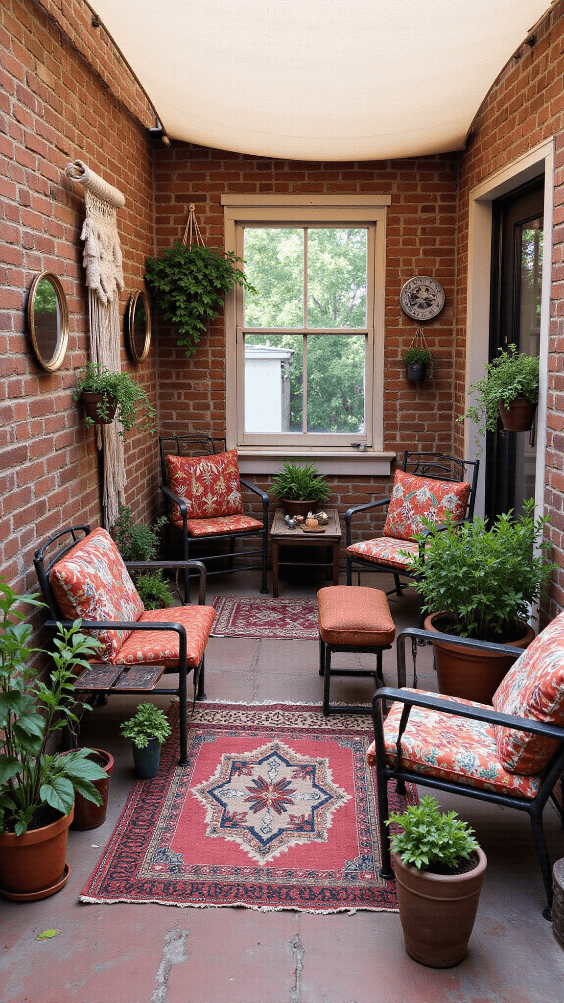 Bohemian artist's retreat featuring an eclectic courtyard with exposed brick walls, hanging macramé, vintage mirrors, mismatched ceramic pots of herbs, Moroccan tile flooring, vintage metal chairs with colorful Kilim cushions and layered rugs at late afternoon.