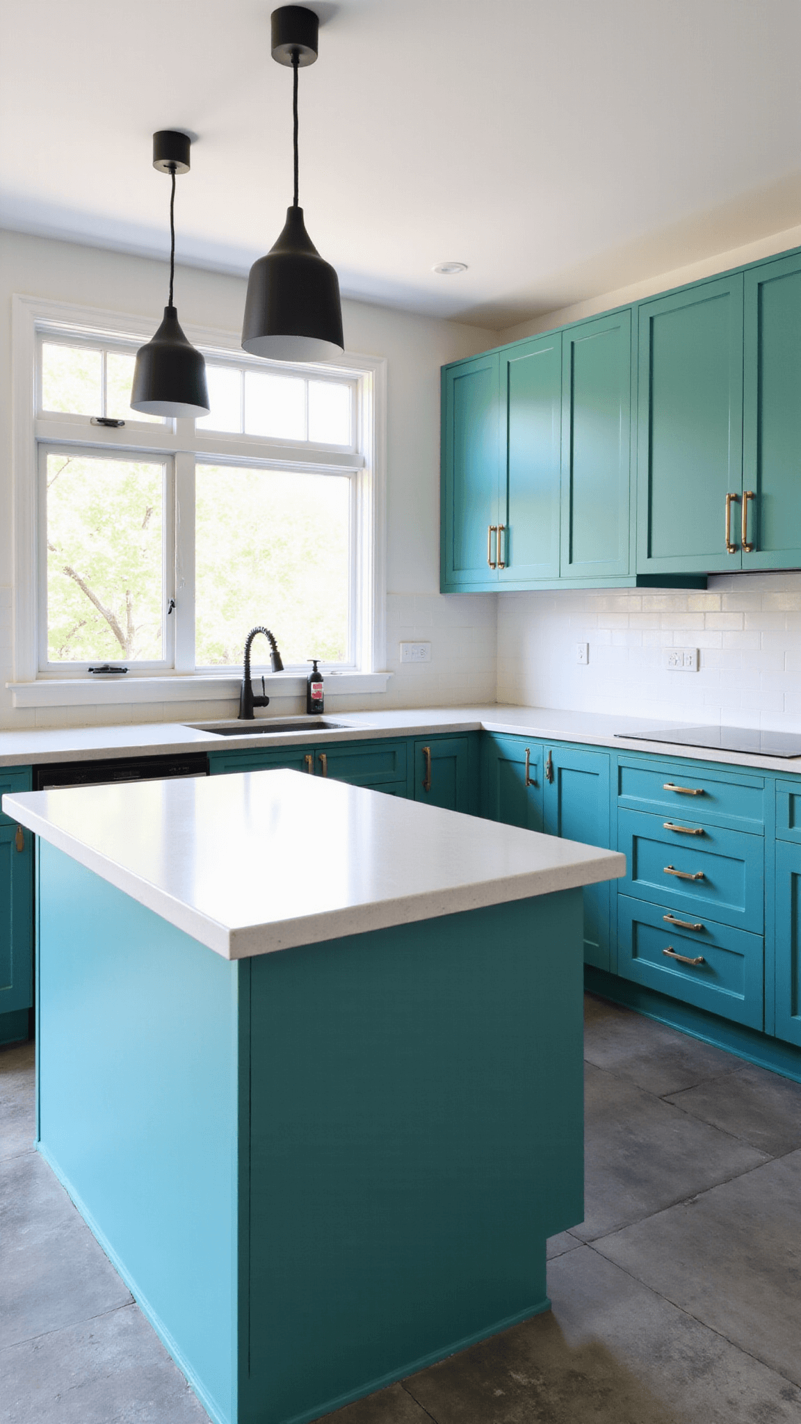 Elevated shot of a modern L-shaped kitchen with bold teal cabinets, white concrete countertops, large gray floor tiles, black appliances, and industrial pendant lights over a waterfall island, bathed in afternoon light from double-height windows.