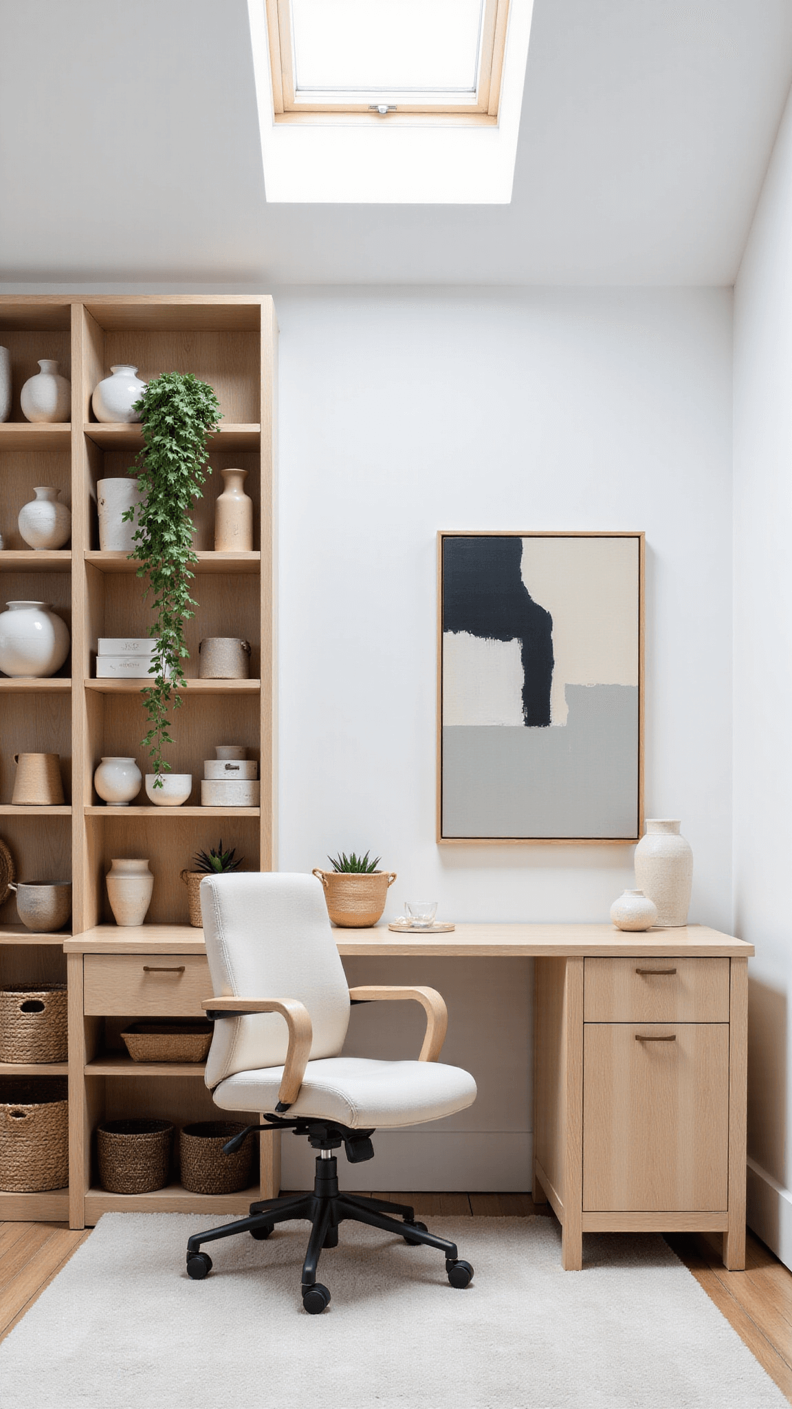 Bright mid-morning sun shining through skylights in a 14x16ft creative workspace with a vaulted ceiling, pale ash wood workstation, natural linen upholstered chair, floor-to-ceiling styled bookshelf, oversized neutral-toned abstract canvas, and architectural details in winter white, pale oak, soft black, and stone gray colors.
