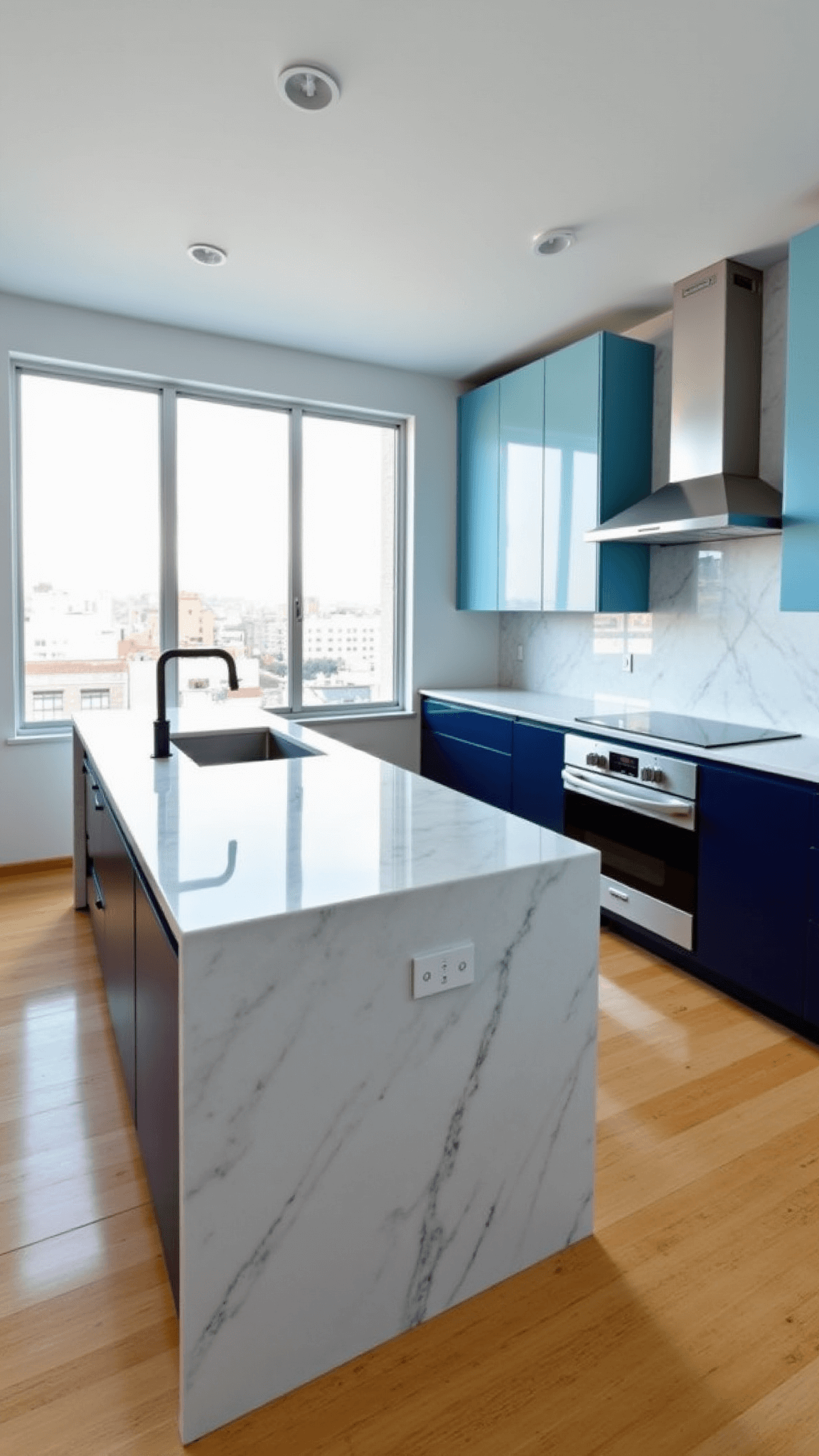 Modern kitchen bathed in morning light with navy and light blue cabinets, waterfall quartz island with integrated sink, stainless appliances, white oak flooring, and urban view through floor-to-ceiling windows.