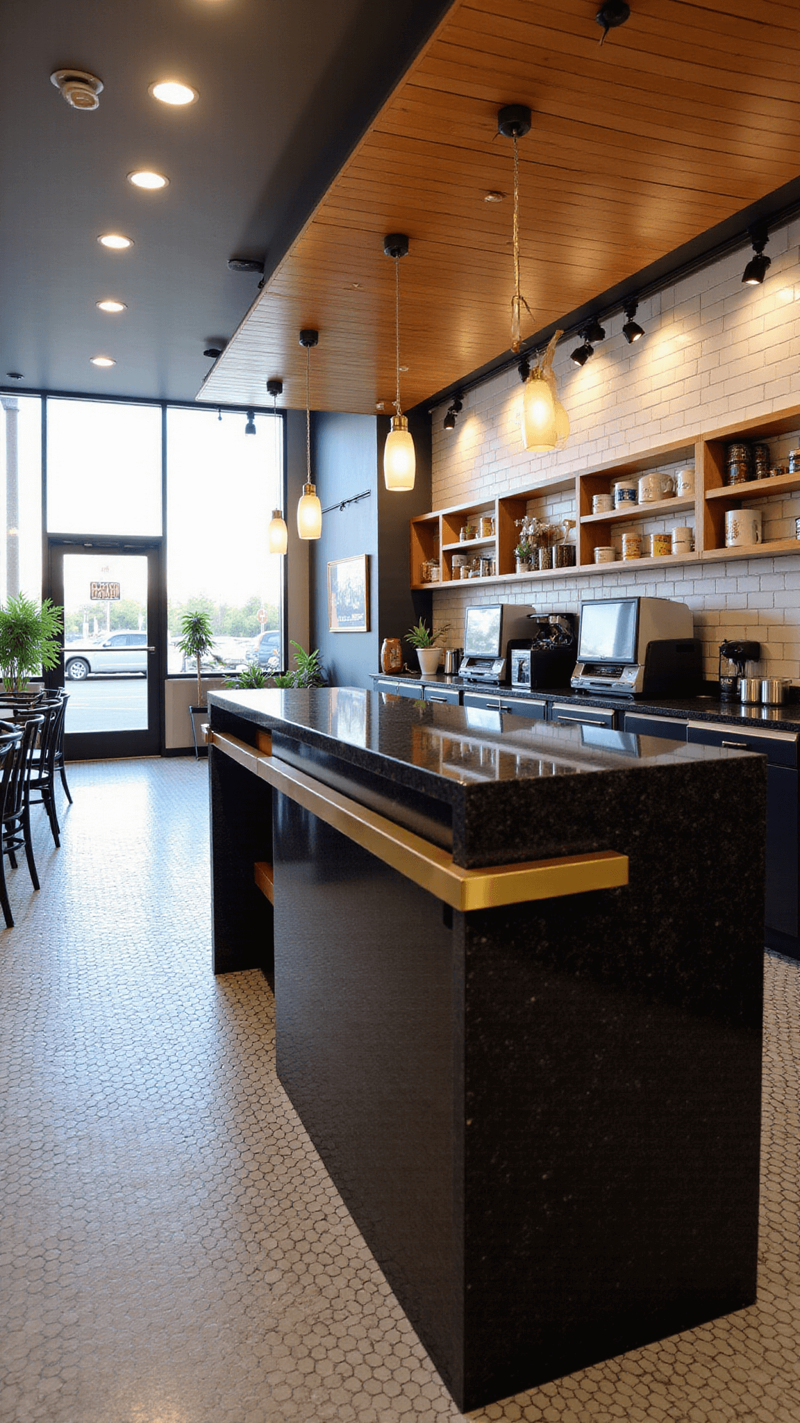 Modern 15' x 20' La Verne take-out area with custom wood shelving displaying ceramics and goods, black and white hex tile flooring, dark granite counter with brass details and digital menu displays, shot under late afternoon lighting from the entrance, showing counter and waiting area.