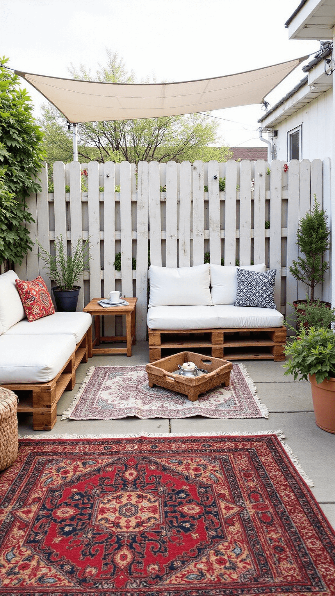 Midday view of a budget-friendly bohemian retreat with a creatively designed pallet wood fence, succulent wall features, vintage outdoor rugs, floor cushions, string lights, and a light fabric canopy in a 25'x35' yard.
