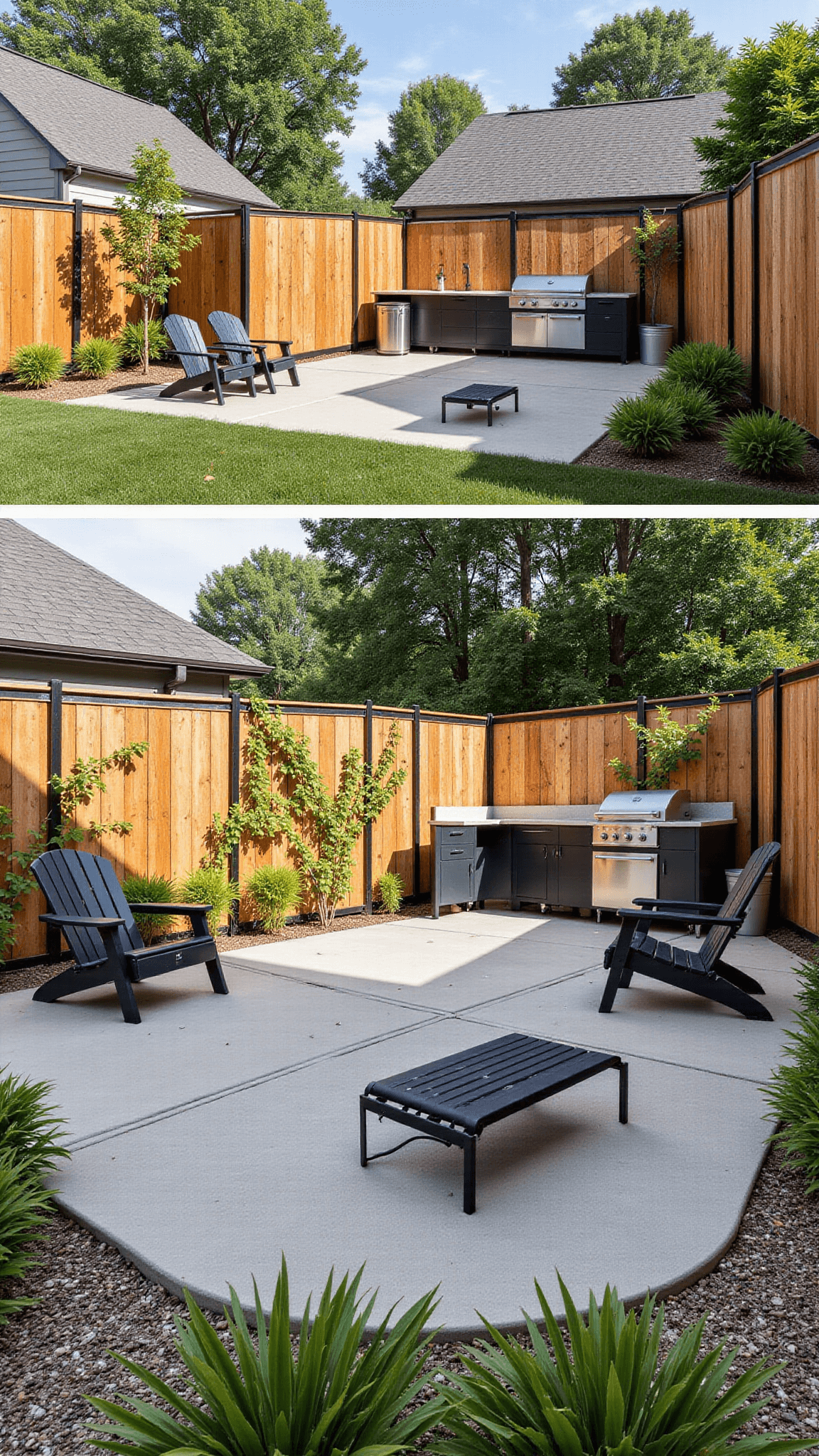 Modern farmhouse yard with mixed material fence, children's play area, outdoor kitchen, Adirondack chairs, and climbing vines in warm afternoon light.
