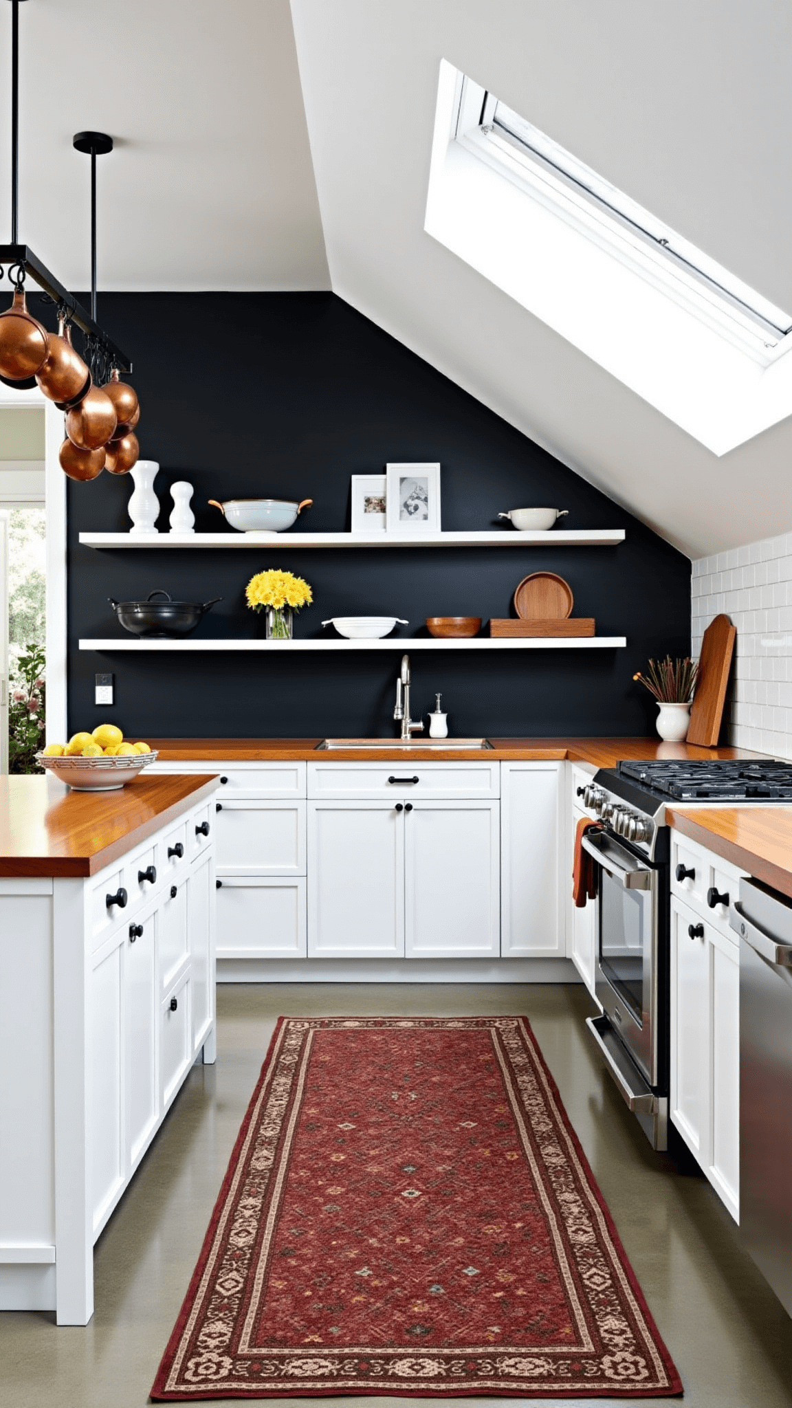 Spacious modern farmhouse kitchen with vaulted ceiling, black accent wall, white open shelving, hanging copper pots, butcher block island, subway tile backsplash, vintage rug on concrete floors, and sunlit skylights.