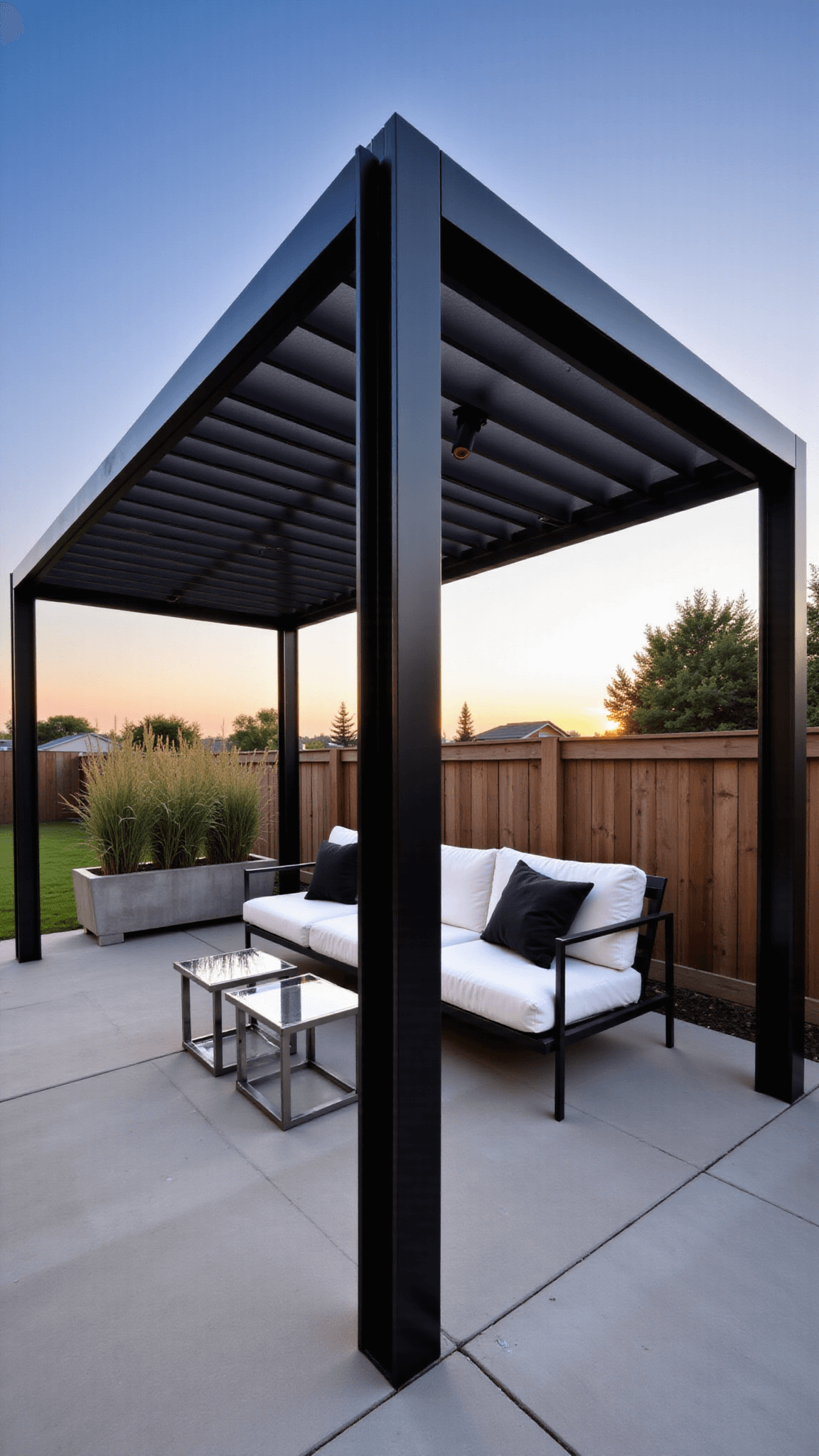 Modern black aluminum louvered pergola over a chic outdoor setting with white sofa, concrete planters, and LED lighting, at sunset