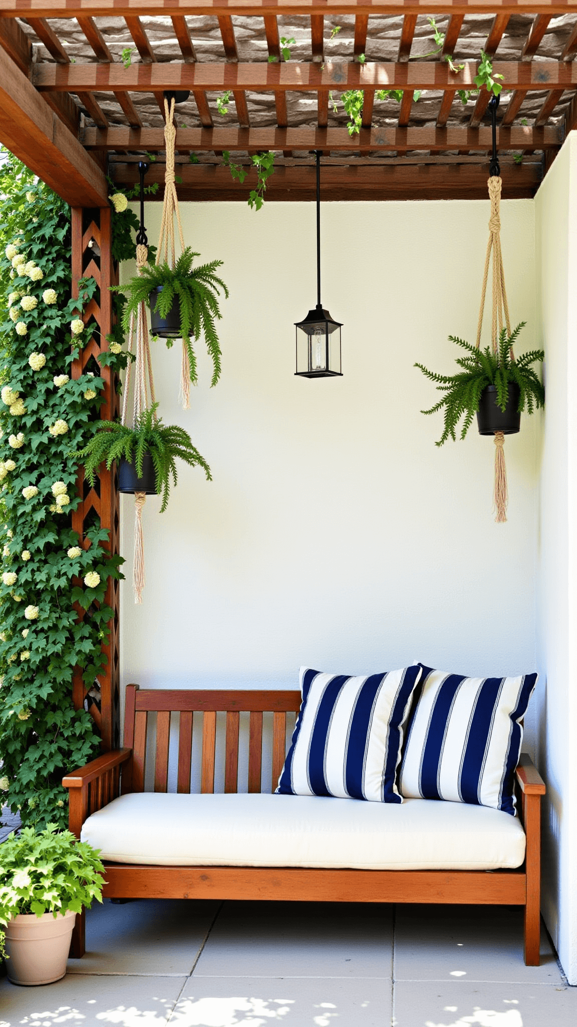 Intimate corner pergola with crossed beam detail, adorned with flowering jasmine against a stucco wall, featuring cream outdoor loveseat with striped pillows, ferns in macramé plant hangers, dappled light and vintage copper lanterns.
