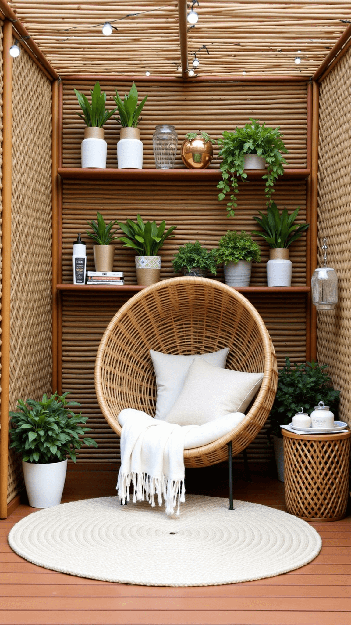 Cozy reading nook under a bamboo pergola with wicker chair, floating shelves with books and herbs, and decorative string lights at morning golden hour.