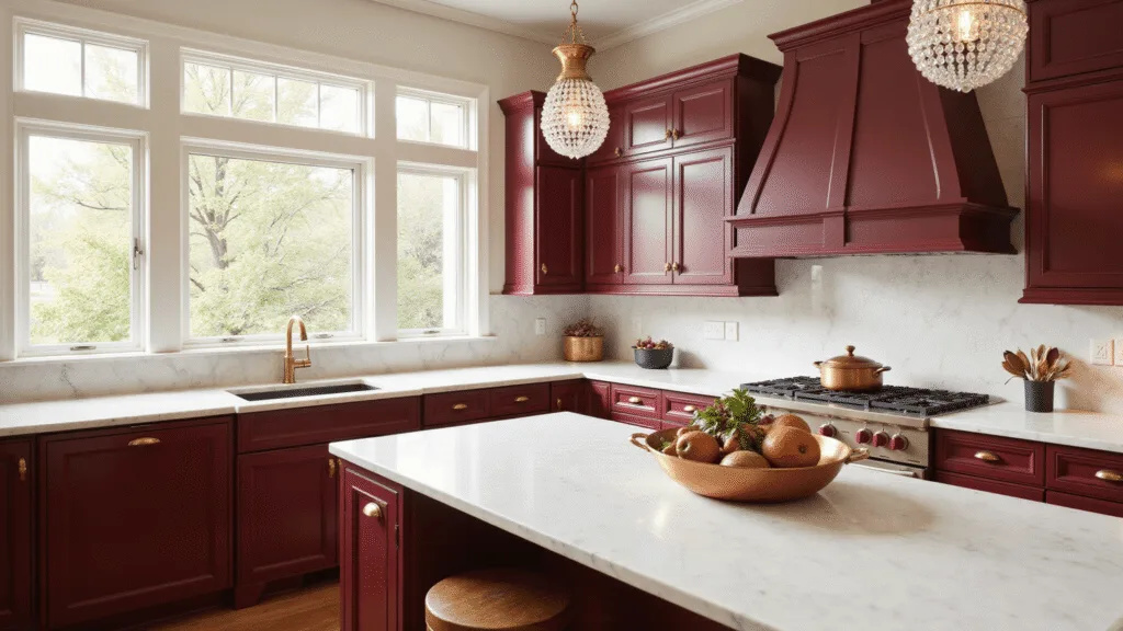 "Elegant kitchen with burgundy cabinets, brass handles, white Carrara marble countertops, and professional-grade copper pots under crystal pendant lights"