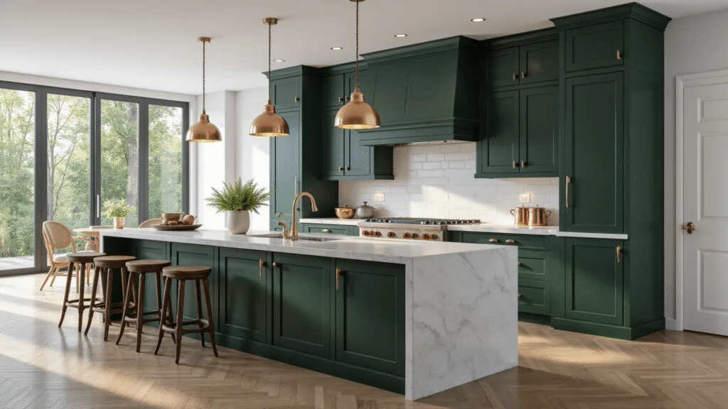"Luxurious dark green kitchen with marble countertops, brass hardware, and morning light streaming through large windows"
