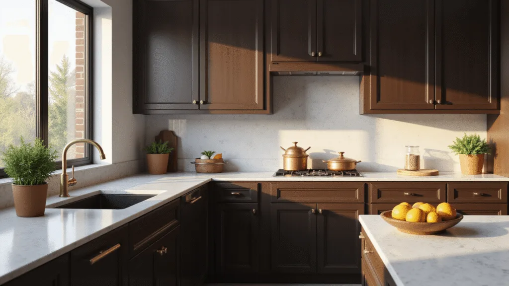"Luxury kitchen with espresso-stained cabinets, marble countertops, and morning light streaming onto copper cookware and fresh produce"