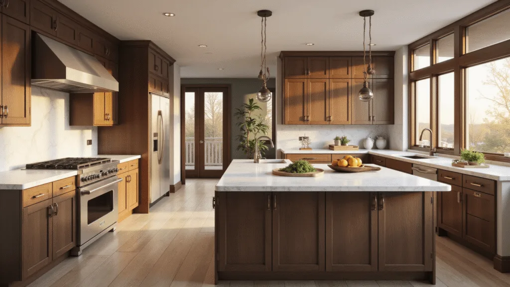 "Modern luxury kitchen with dark oak cabinets, Carrara marble countertops, stainless steel appliances, and ambient lighting during golden hour"
