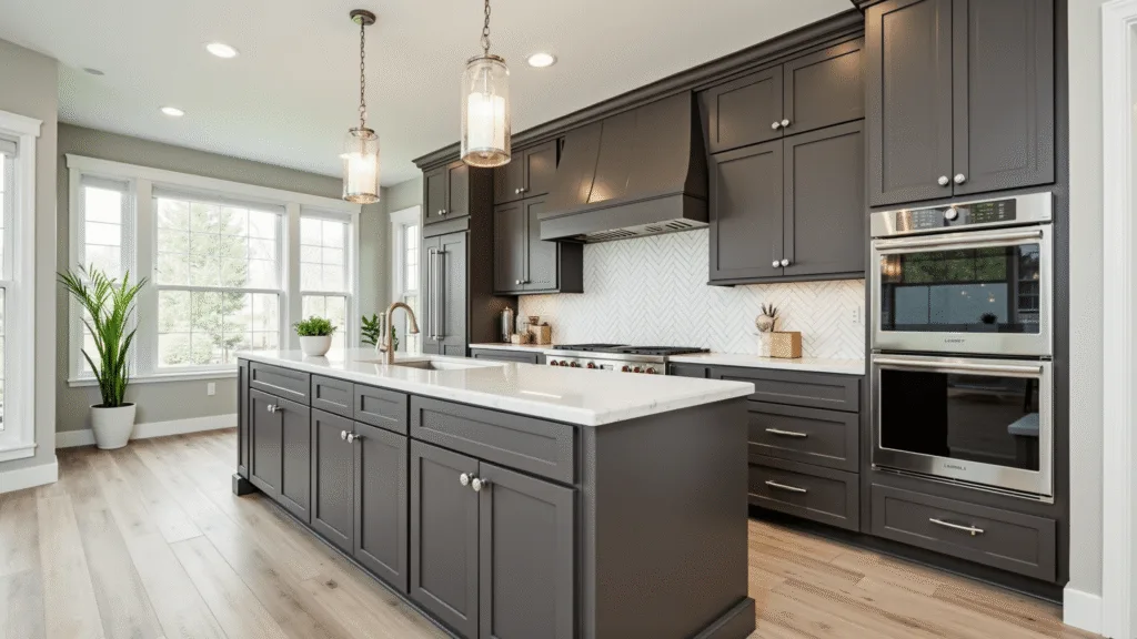 "Elegant dark taupe kitchen with white quartz countertops, brushed nickel hardware, pendant lighting, and a herringbone backsplash in a clean, modern space"