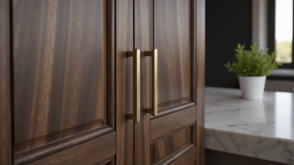 "Close-up detail of a luxurious dark walnut kitchen cabinet with brushed brass handle, marble countertop, and a small potted herb"