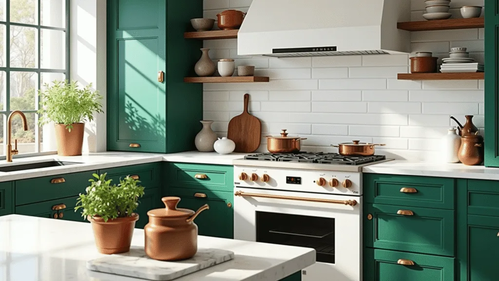 "Modern and luxurious kitchen with emerald green cabinets, white quartz countertops and brass hardware, bathed in natural light"