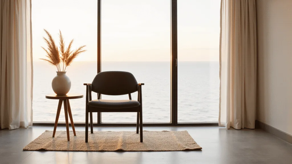 "Black oak Japandi accent chair in a minimalist interior with floor-to-ceiling windows, oatmeal jute rug, white linen curtains, and wooden side table with a ceramic vase of dried pampas grass during the golden hour."