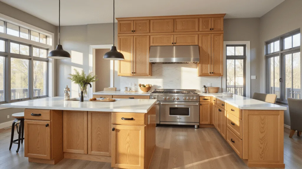 "Spacious kitchen with warm hickory cabinets, white quartz countertops, stainless steel appliances, and sunlight streaming through windows"