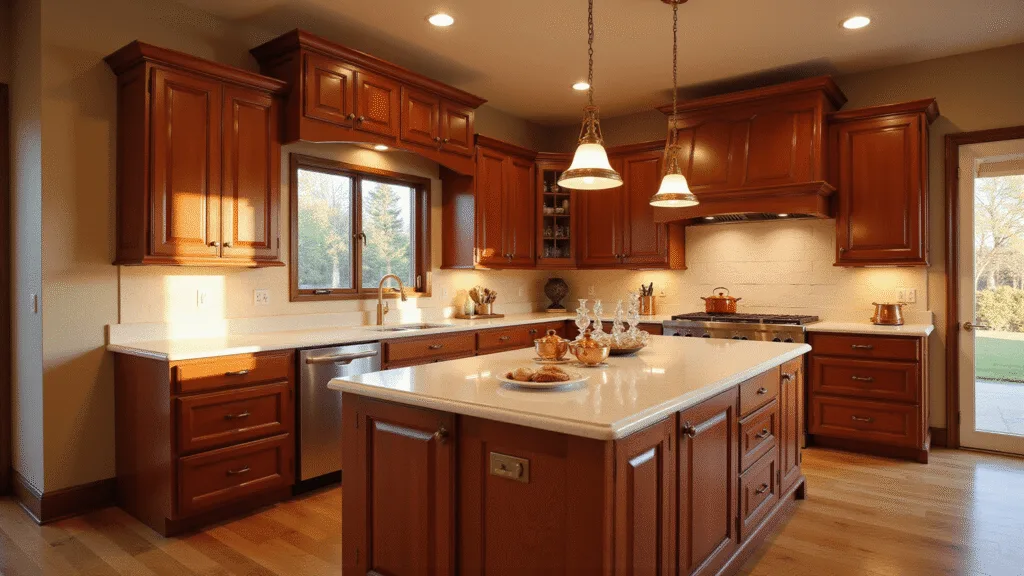 "Spacious kitchen with cherry wood cabinets, white quartz countertops, and brass pendant lights, bathed in golden hour sunlight."