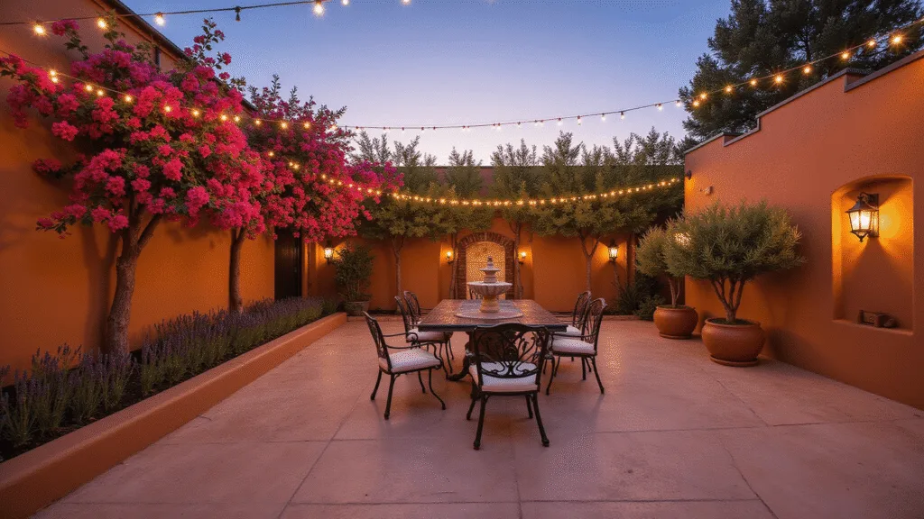 "Sunny Mediterranean courtyard with terracotta walls, pink bougainvillea, stone fountain, wrought iron dining set and earthen pots with olive trees under warm ambient lighting"