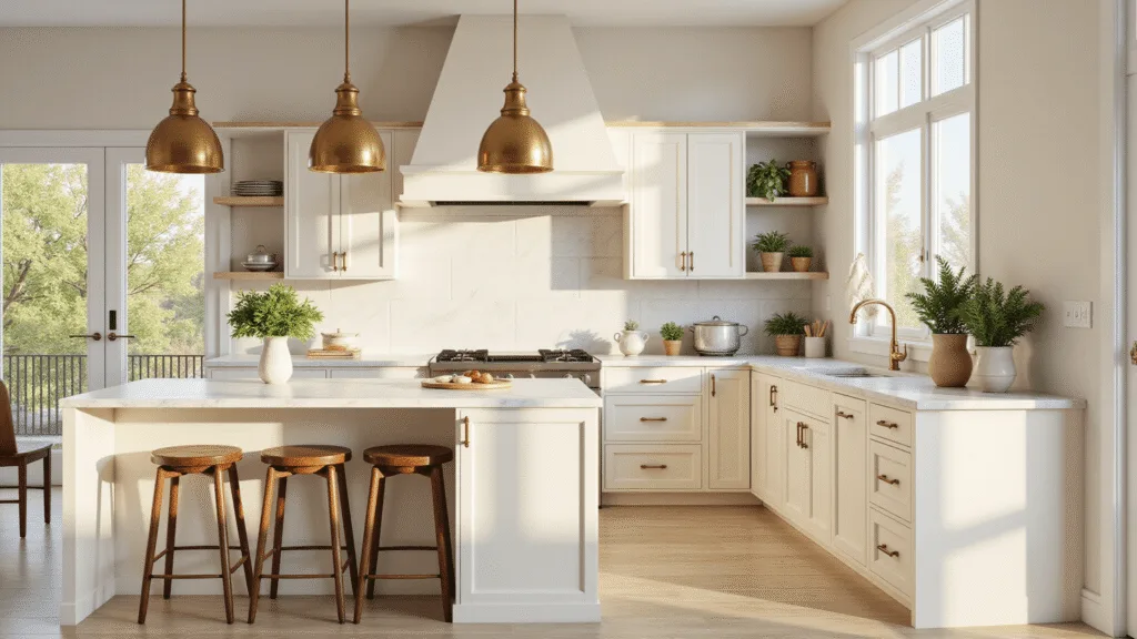 "Modern kitchen with alabaster cabinets, white marble island, brass pendant lights, and copper cookware bathed in warm golden hour sunlight."
