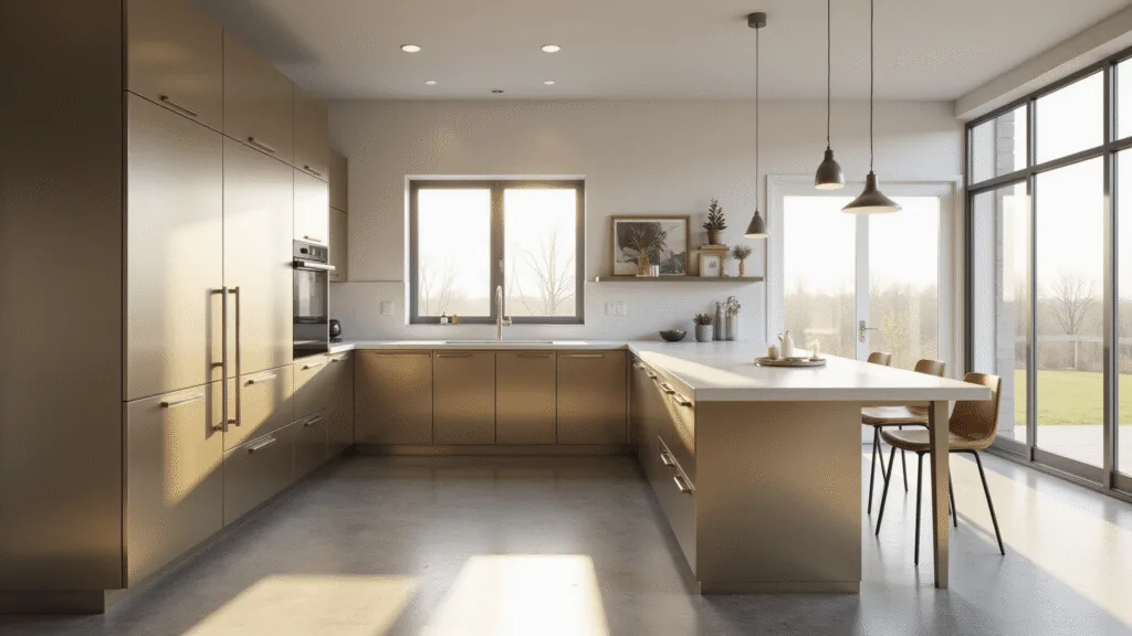 "Modern kitchen with champagne-finished aluminum cabinets, white quartz countertops, and polished concrete floors, bathed in warm morning sunlight"