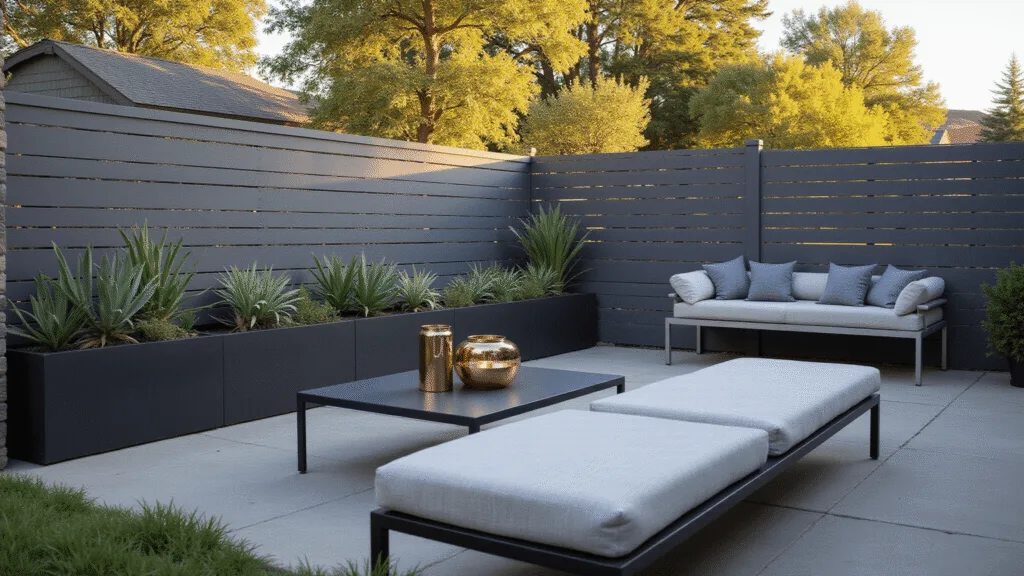 "Modern minimalist backyard at golden hour with charcoal gray slat fence, succulents in black planters, light gray outdoor sofa, and warm copper lanterns"