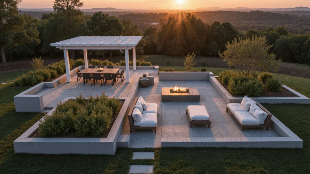 "Aerial view of a luxurious, minimalist backyard during golden hour with pergola dining area, lounge with fire pit, raised garden beds, and stone pathways"