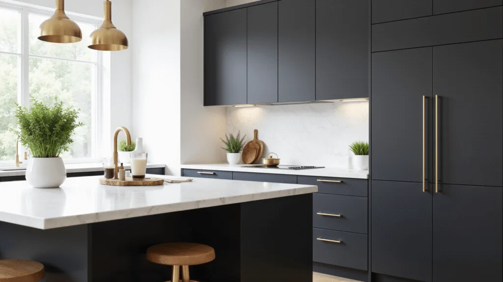 "Modern kitchen with black cabinets, marble countertops, brass hardware, and natural lighting"