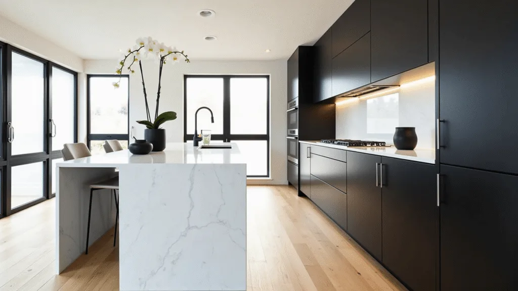 "Modern black and white kitchen with quartz waterfall island, white oak floors, and natural sunlight from large windows"