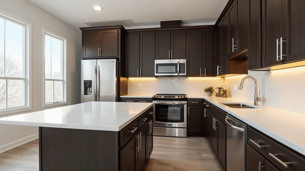 "Modern kitchen with espresso cabinets, white quartz countertops and stainless steel appliances lit by morning light"