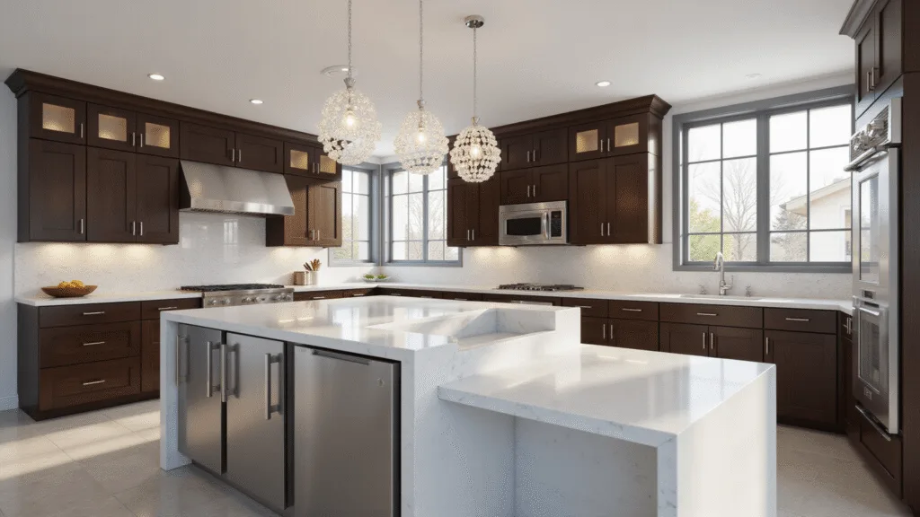 "Modern kitchen with espresso cabinets, white quartz countertops, stainless steel appliances, and marble island under crystal pendant lights"