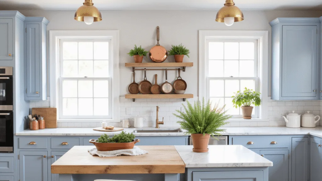 "Modern farmhouse kitchen with blue-grey Shaker cabinets, white marble countertops, butcher block island, vintage copper cookware, and brass lighting"