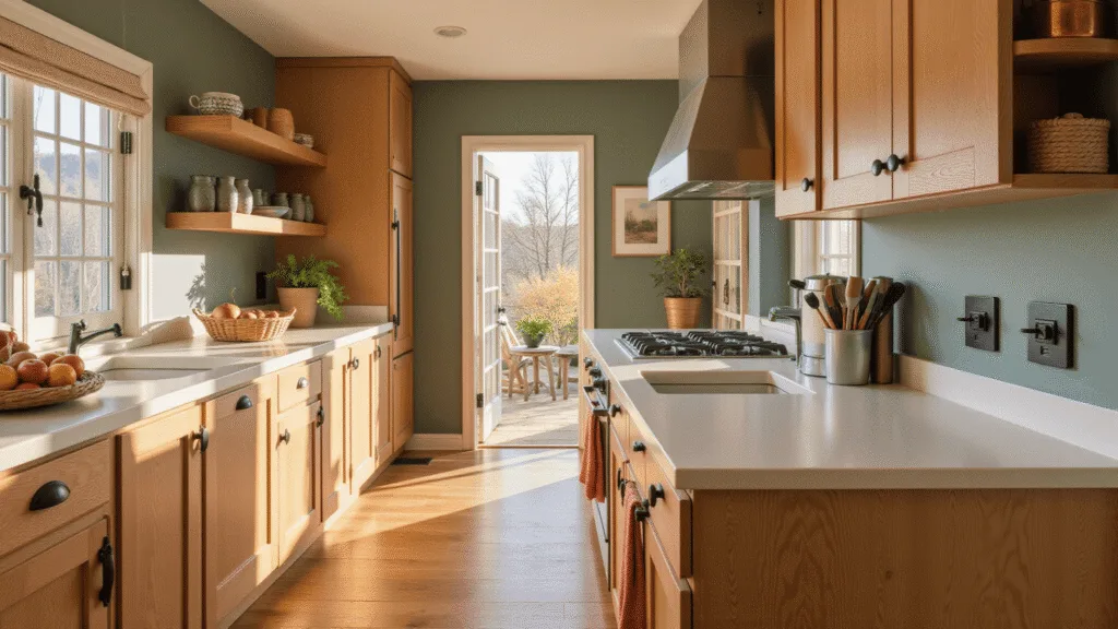 "Sunlit modern farmhouse kitchen with golden oak cabinets, cream quartz countertops, copper accents, and sage green walls"