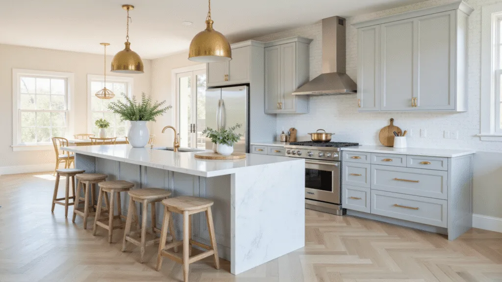 "Modern and luxurious light grey kitchen with Carrara marble island, brass pendant lights, and high-end appliances, bathed in natural sunlight."