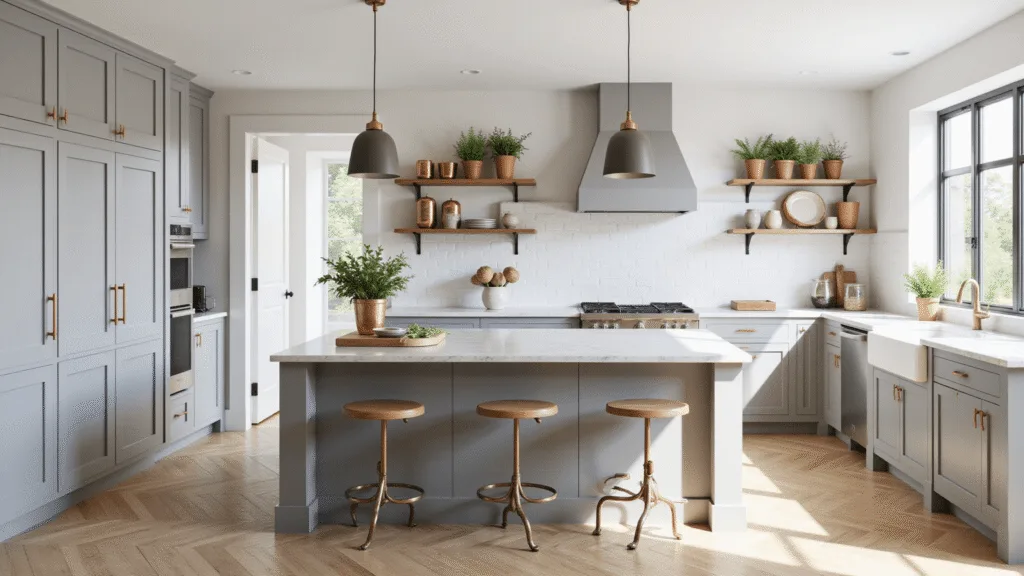 "Sunlit modern kitchen with dove grey shaker cabinets, Carrara marble countertops, brass hardware, and a large island on herringbone oak floors"
