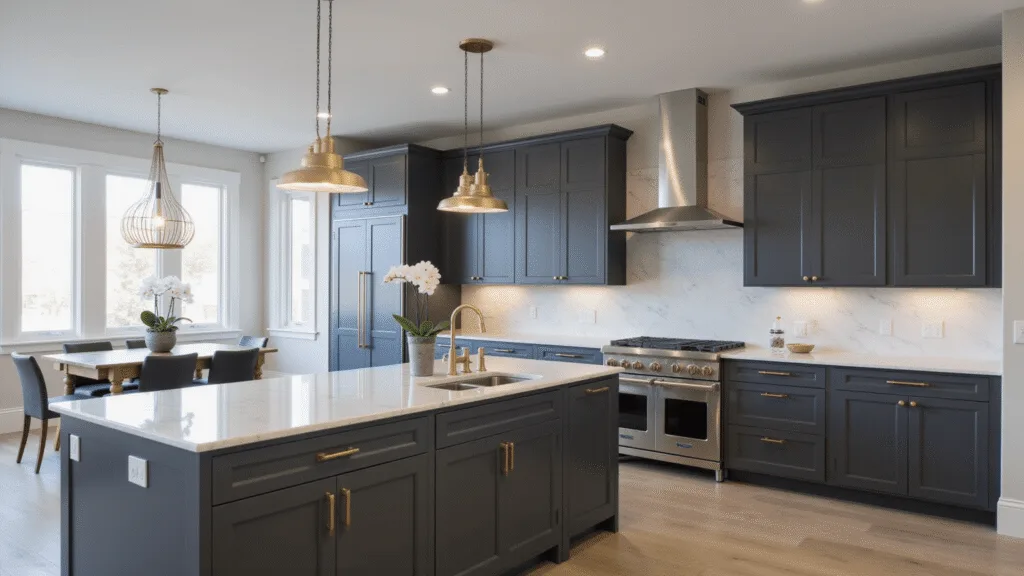 "Modern kitchen interior with charcoal gray cabinets, white marble countertops, brass hardware, pendant lights, and stainless steel appliances."