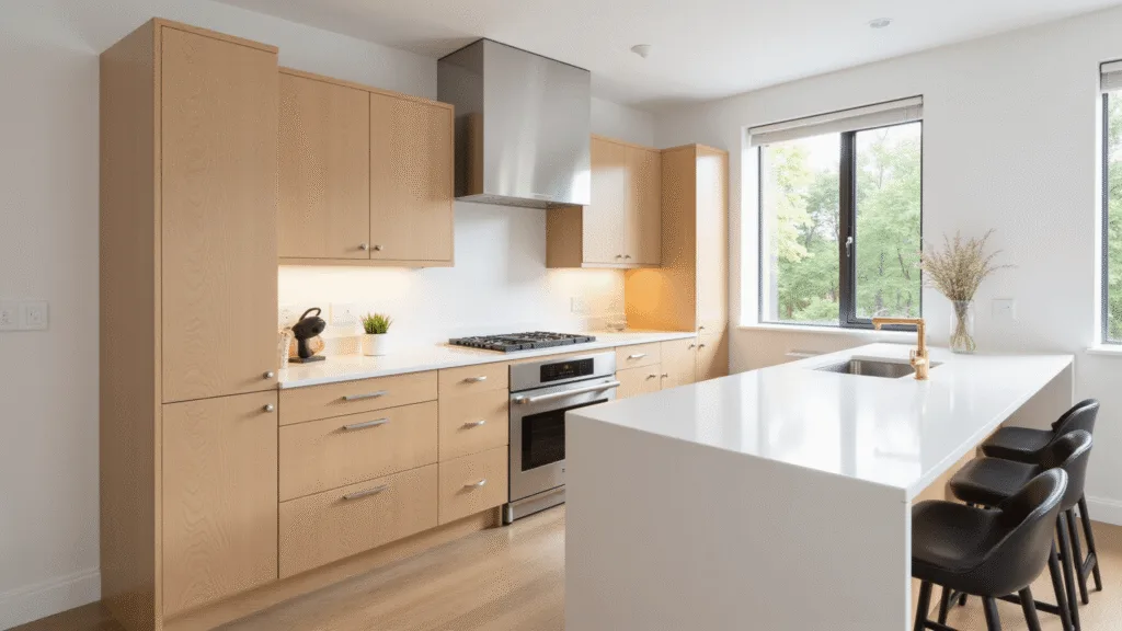"Modern kitchen with light maple cabinets, white quartz countertops, under-cabinet lighting, stainless steel appliances, and morning sunlight"