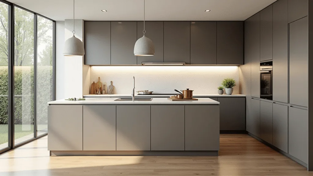"Modern minimalist kitchen with aluminum cabinets, oak flooring, white quartz countertops, copper cookware, and natural lighting."